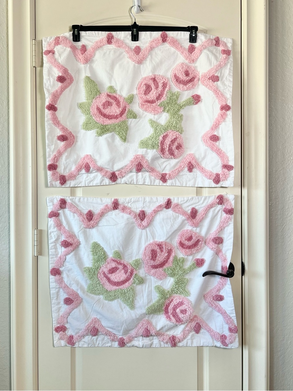 Vintage Shabby Chic Chenille Pink Rose Pillow Shams Set of 2 White Cotton